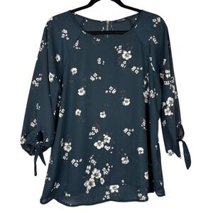 Papermoon Floral Blouse‎ Large Dark Teal Scoop Neck 3/4 Sleeve Tie Cuff Top